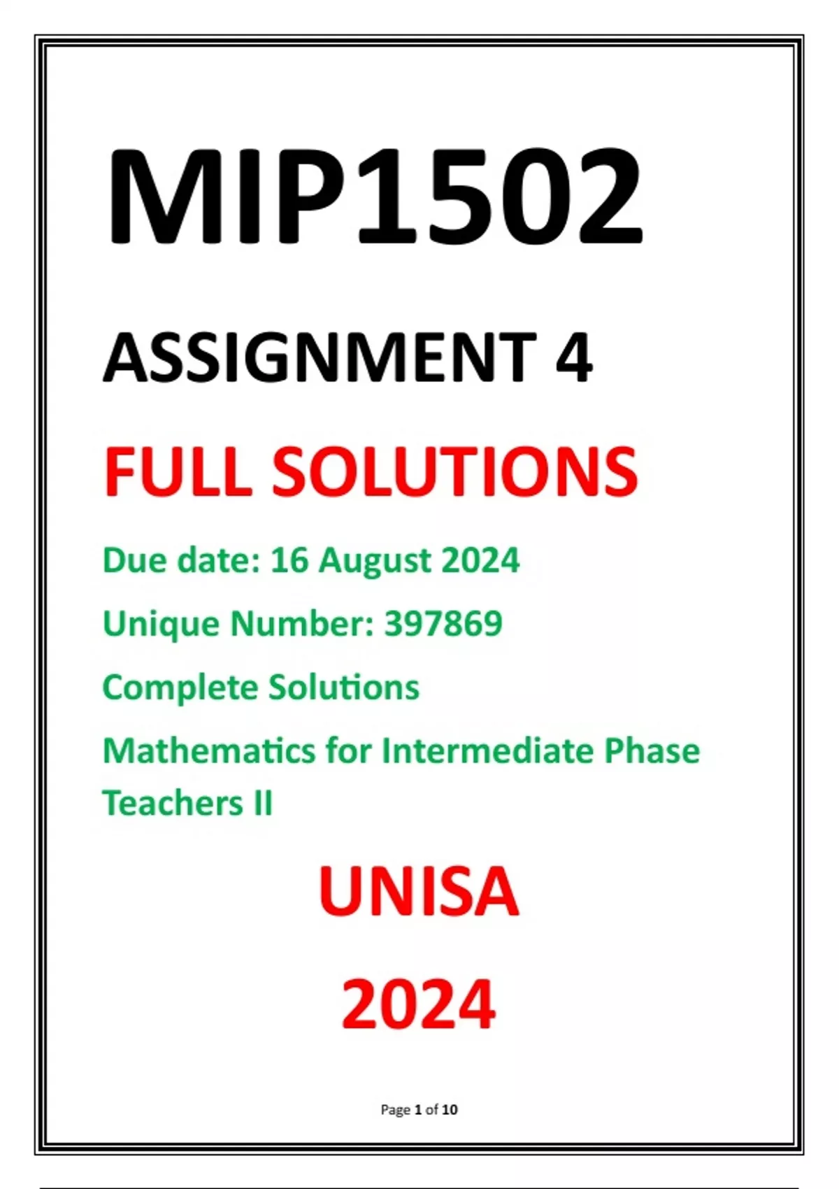 MIP1502 Assignment 4 Complete Solutions UNISA 2024 Due date 16 August ...