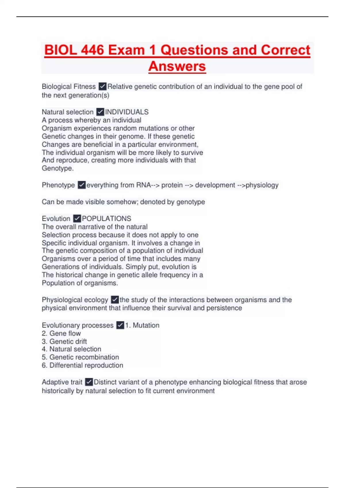 BIOL 446 Exam 1 Questions and Correct Answers - BIO 446 - Stuvia US