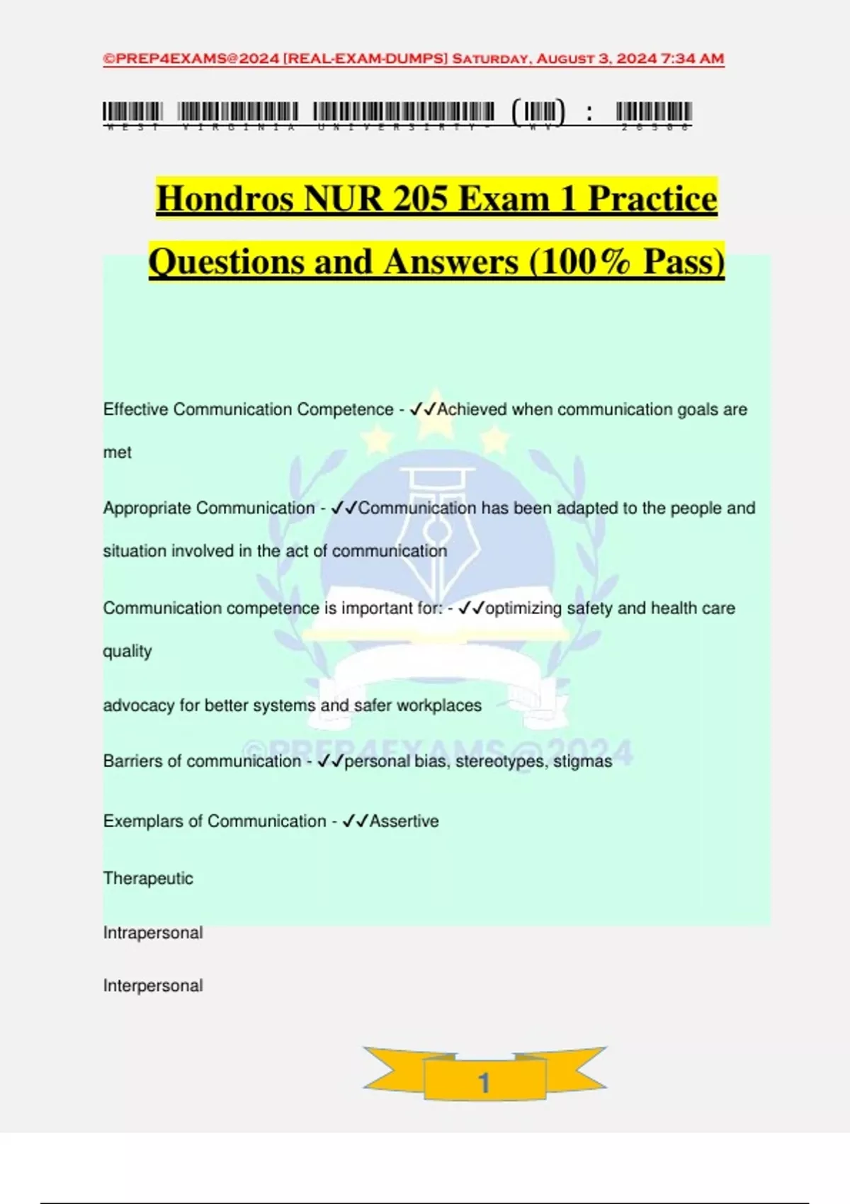 Hondros NUR 205 Exam 1 Practice Questions and Answers (100% Pass ...