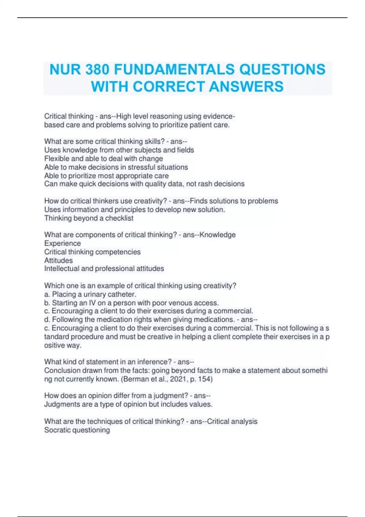 NUR 380 FUNDAMENTALS QUESTIONS WITH CORRECT ANSWERS - NUR 380 - Stuvia US