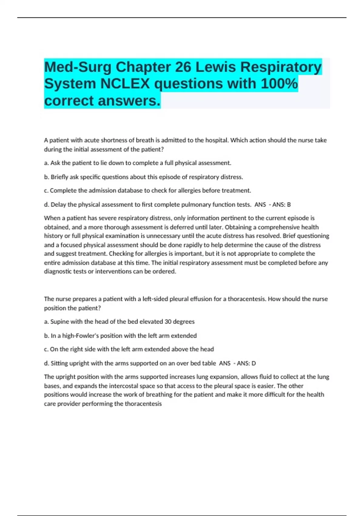 Med-Surg Chapter 26 Lewis Respiratory System NCLEX questions with 100% ...