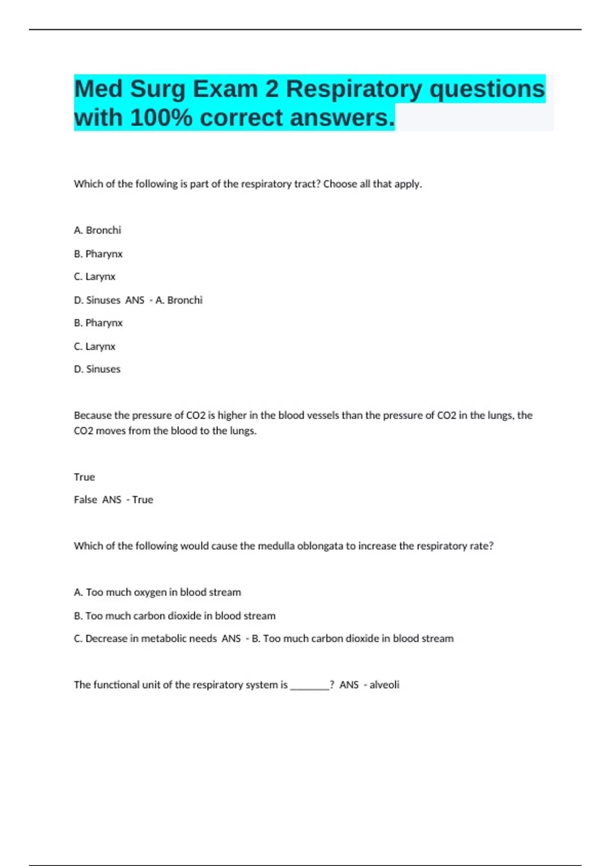Med Surg Exam 2 Respiratory questions with 100% correct answers ...
