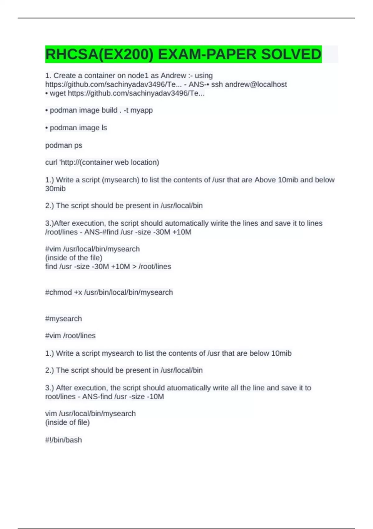 RHCSA(EX200) EXAM-PAPER SOLVED - RHCSA - Stuvia US