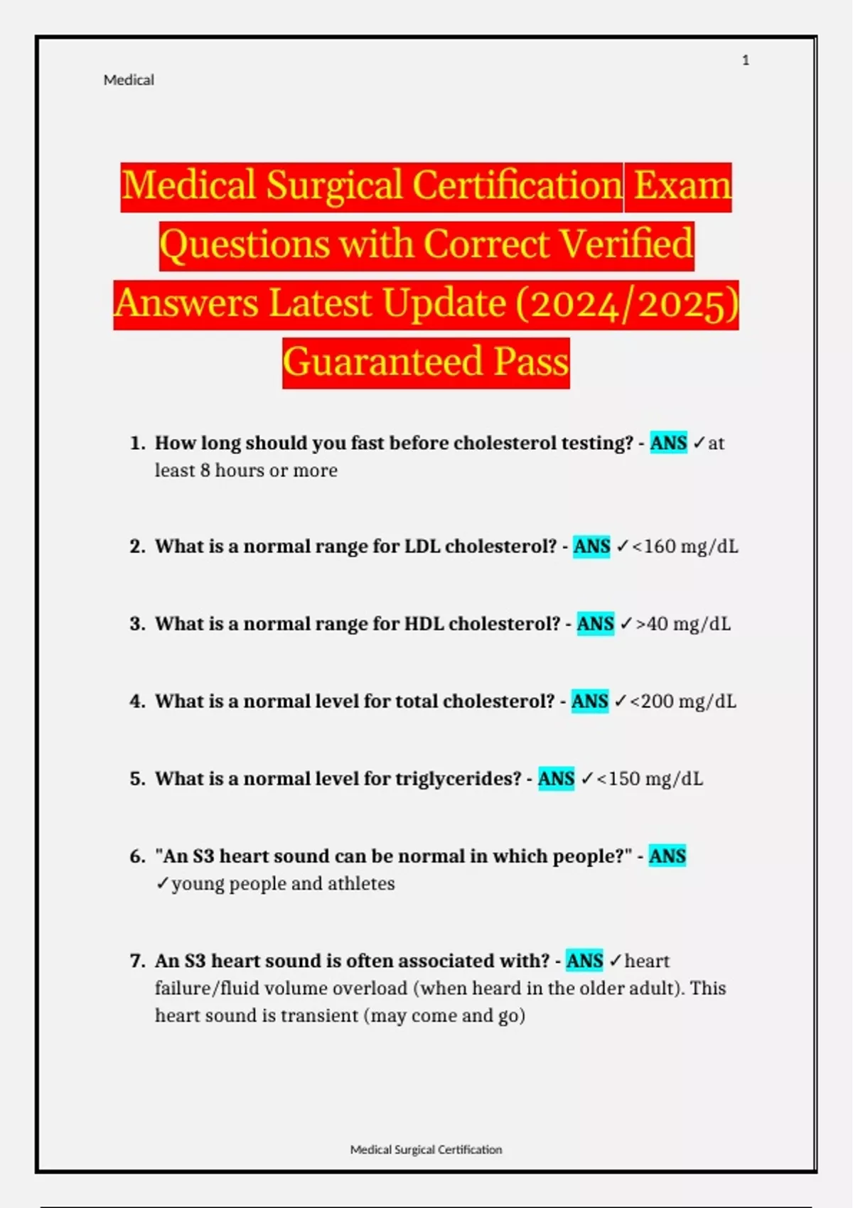Medical Surgical Certification Exam Questions with Correct Verified ...