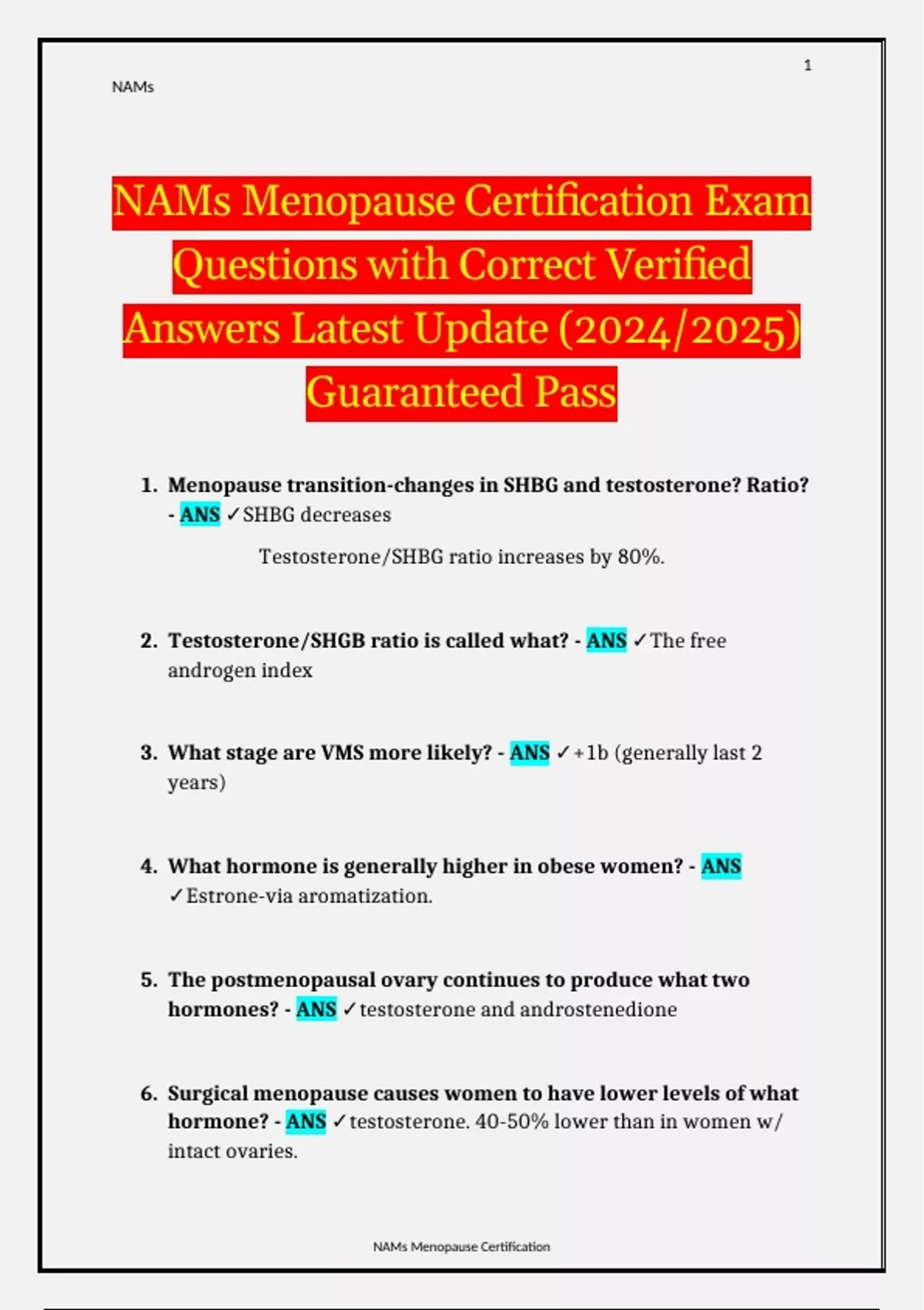 NAMs Menopause Certification Exam Questions with Correct Verified ...