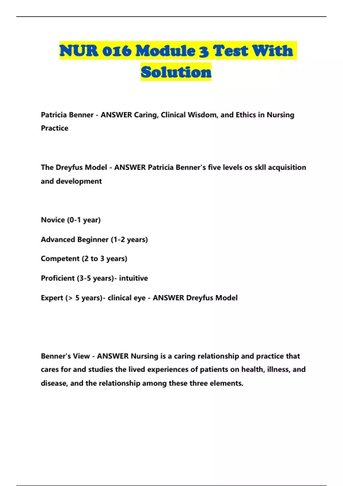 NUR 016 Module 3 Test With Solution - NUR 016 - Stuvia US