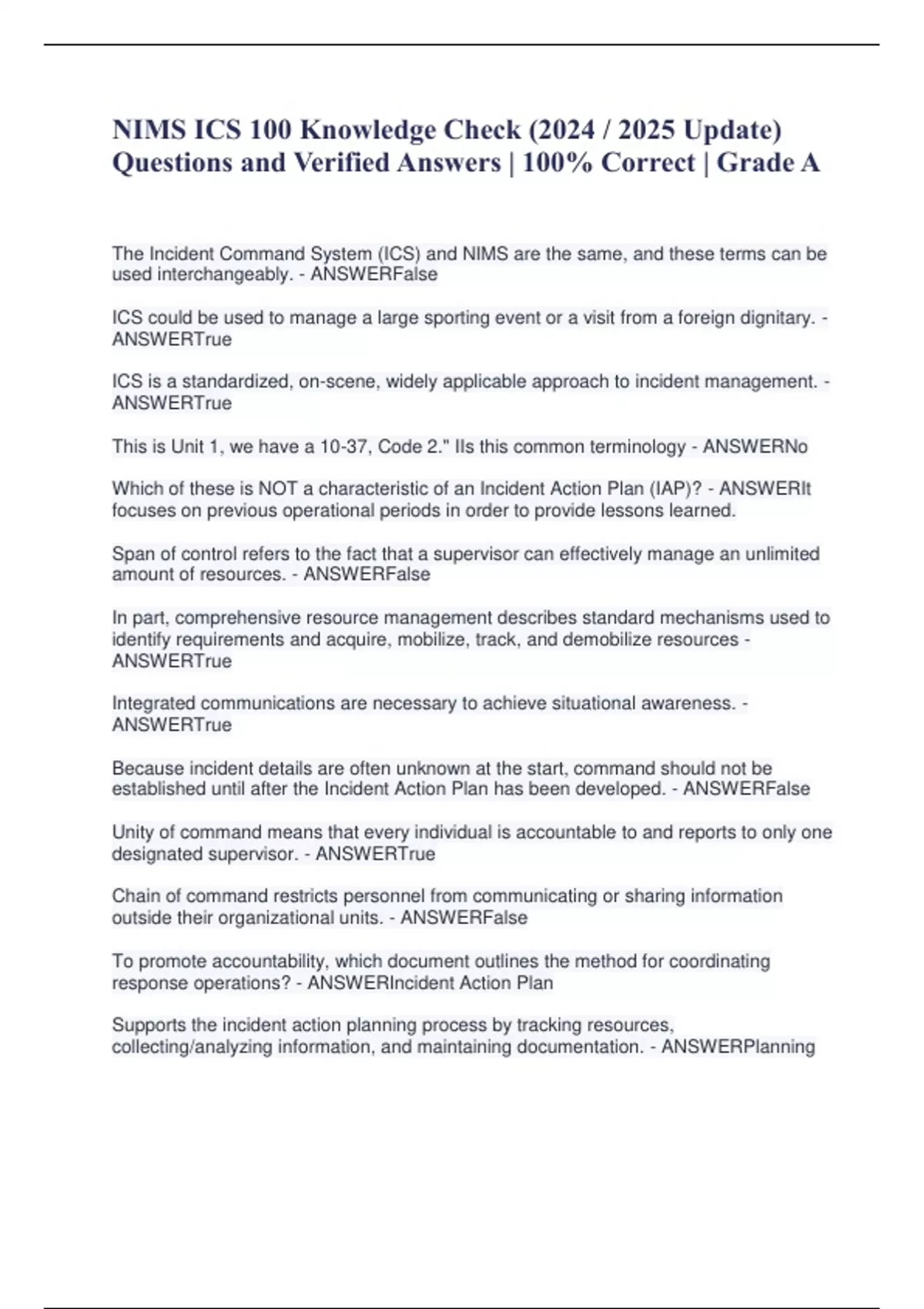 NIMS ICS 100 Knowledge Check (2024 / 2025 Update) Questions and ...