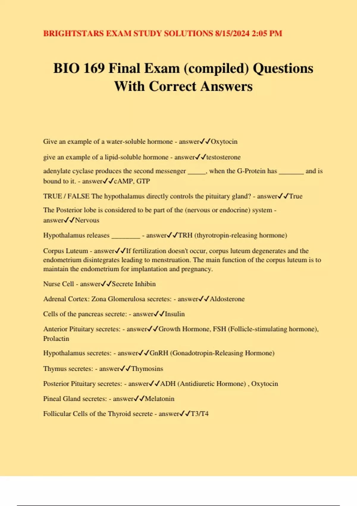 BIO 169 Final Exam (compiled) Questions With Correct Answers - BIO 169 ...