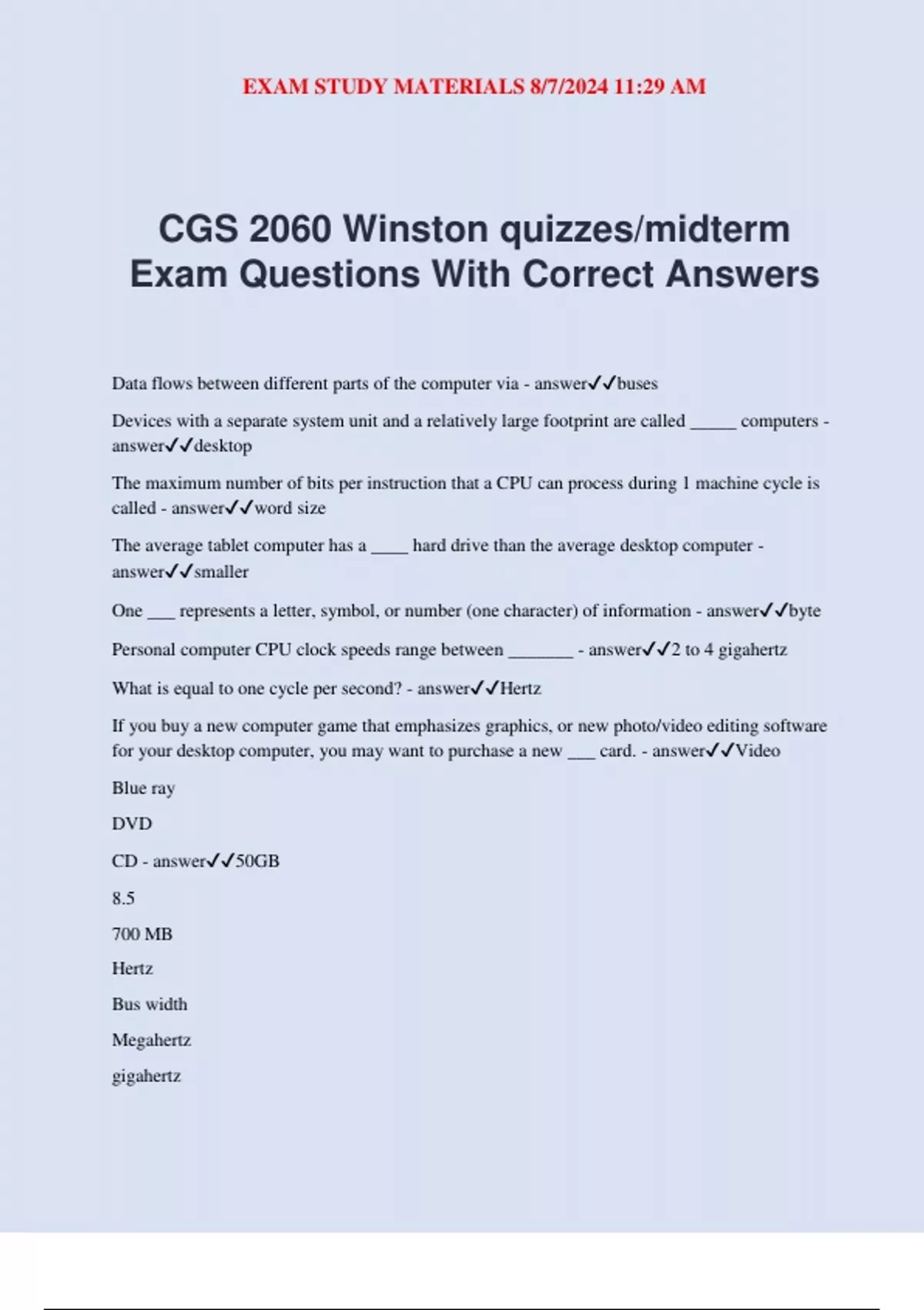 CGS 2060 Winston quizzes/midterm Exam Questions With Correct Answers ...