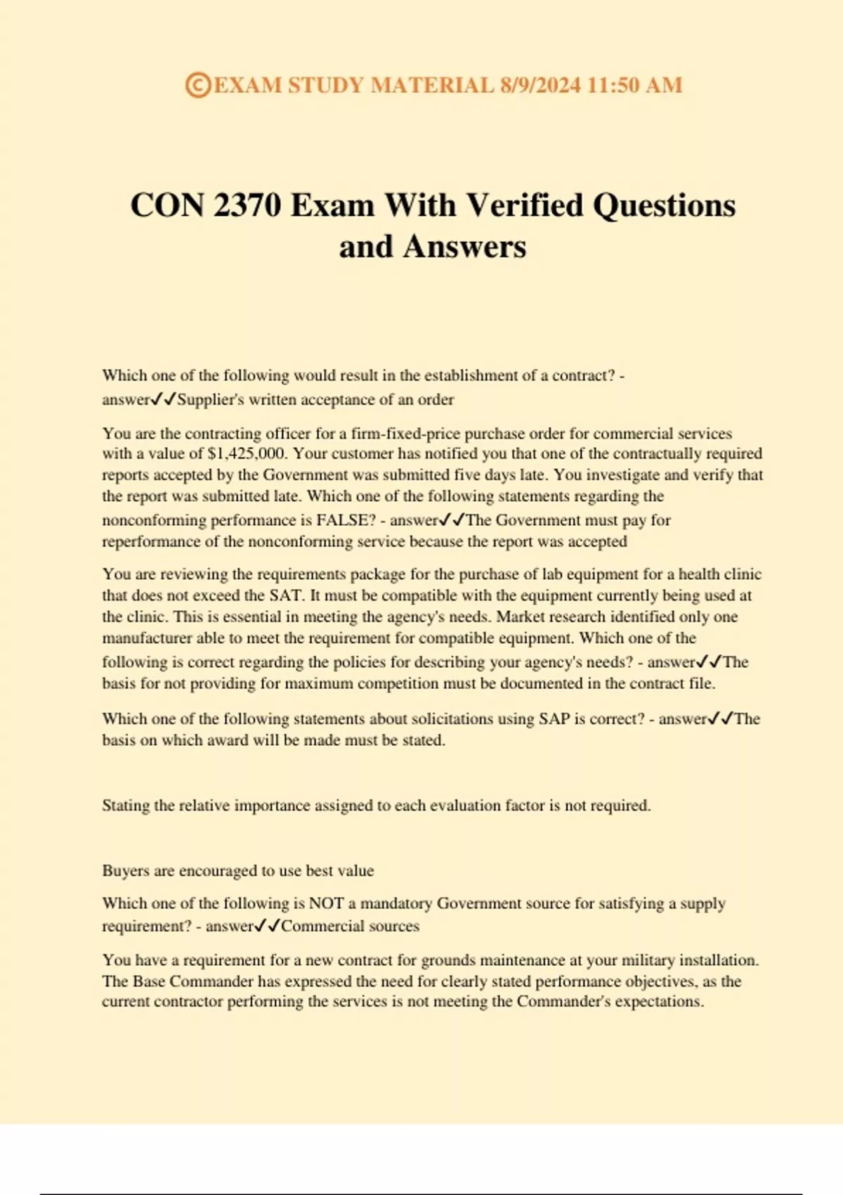 CON 2370 Exam With Verified Questions and Answers - CON 2370 - Stuvia US