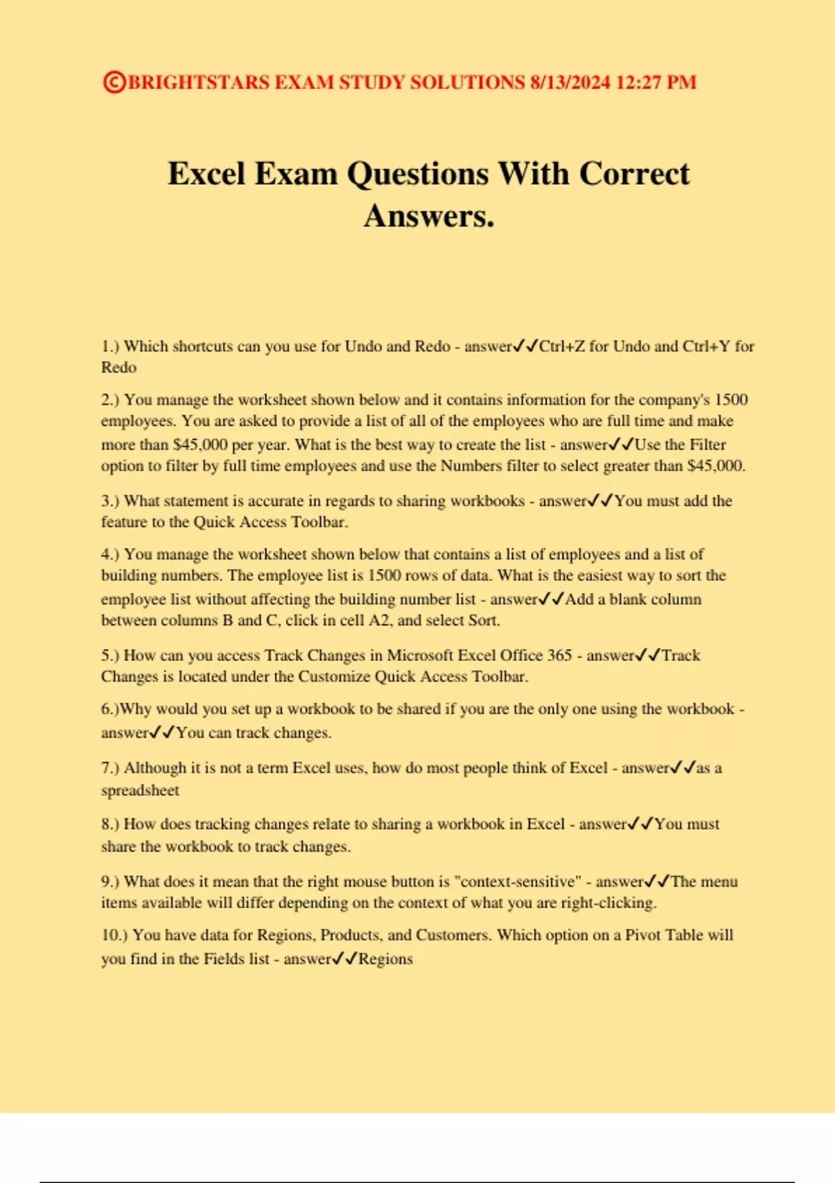 Excel Exam Questions With Correct Answers. - Excel - Stuvia US