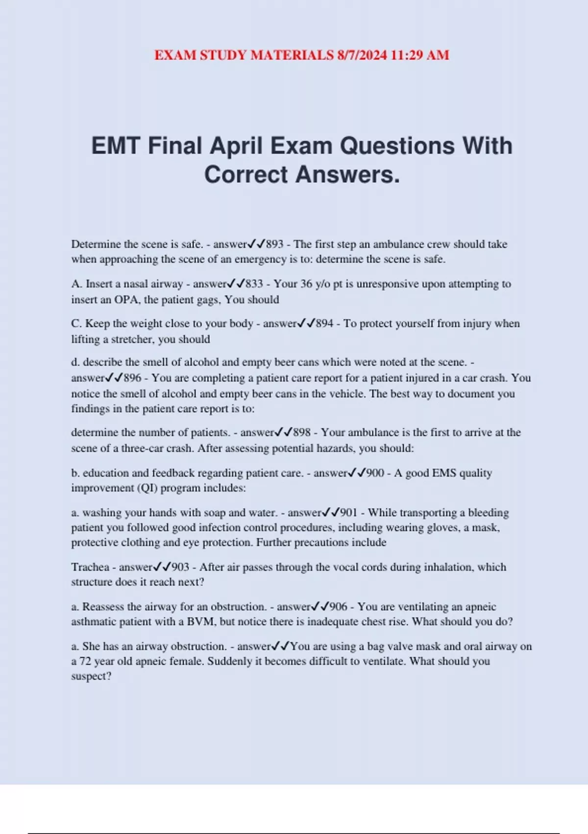 EMT Final April Exam Questions With Correct Answers. - EMT - Stuvia US