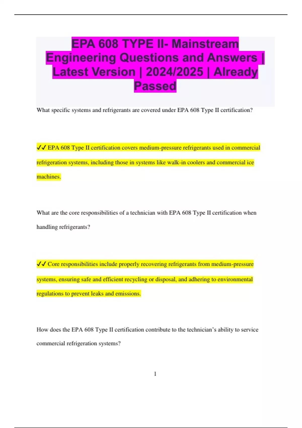 EPA 608 TYPE II- Mainstream Engineering Questions and Answers | Latest Version | 2024/2025 ...