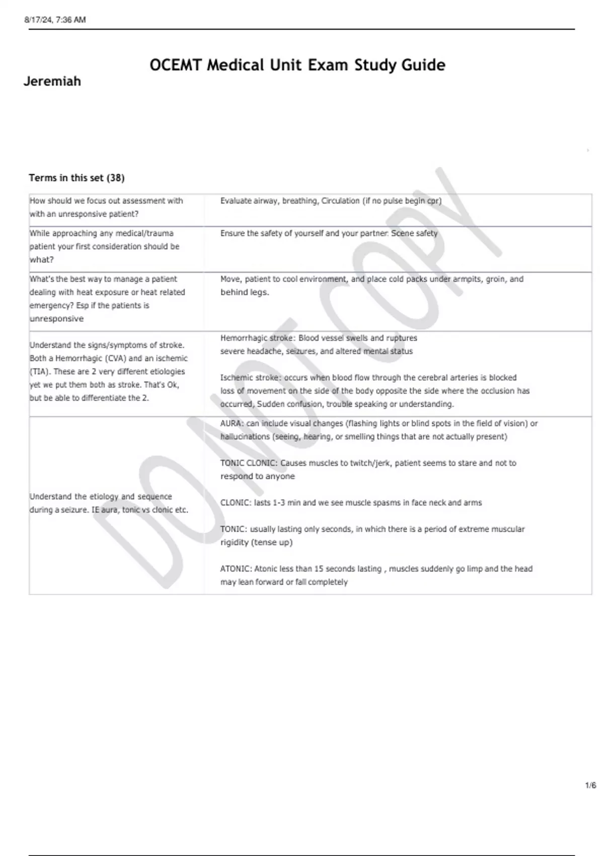 OCEMT Medical Unit Exam Study Guide 2024 QUESTIONS WITH COMPLETE ...