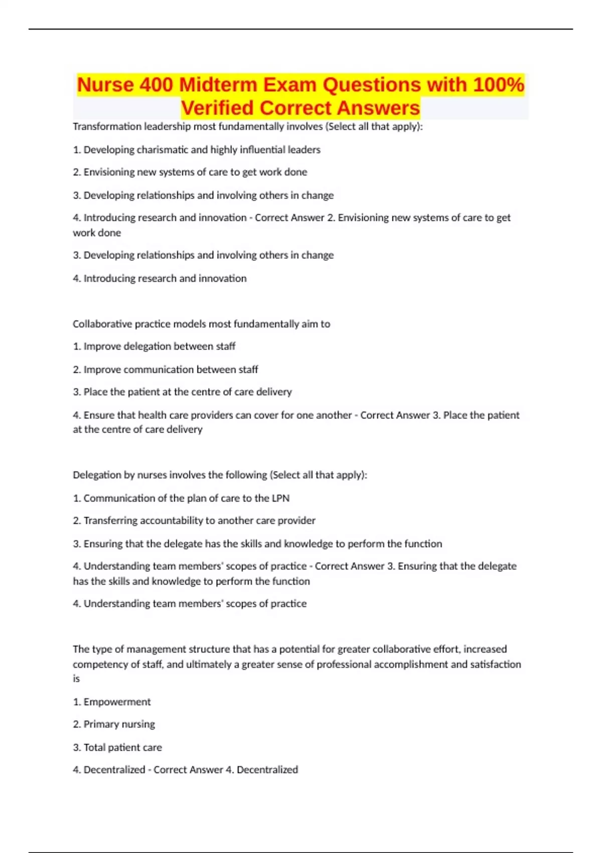 Nurse 400 Midterm Exam Questions with 100% Verified Correct Answers - NURS 400 - Stuvia US