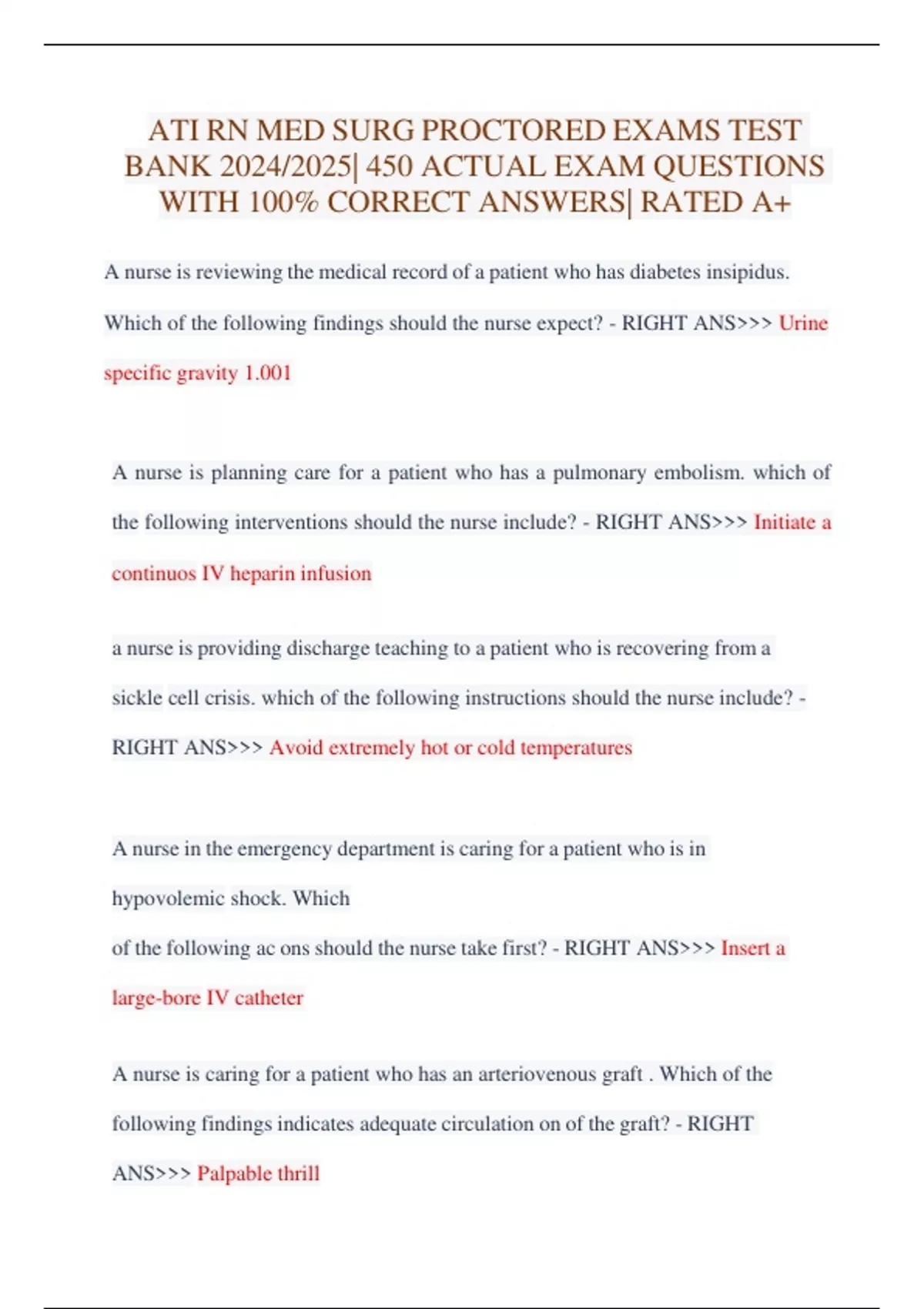 ATI RN MED SURG PROCTORED EXAMS TEST BANK 2024/2025| 450 ACTUAL EXAM ...