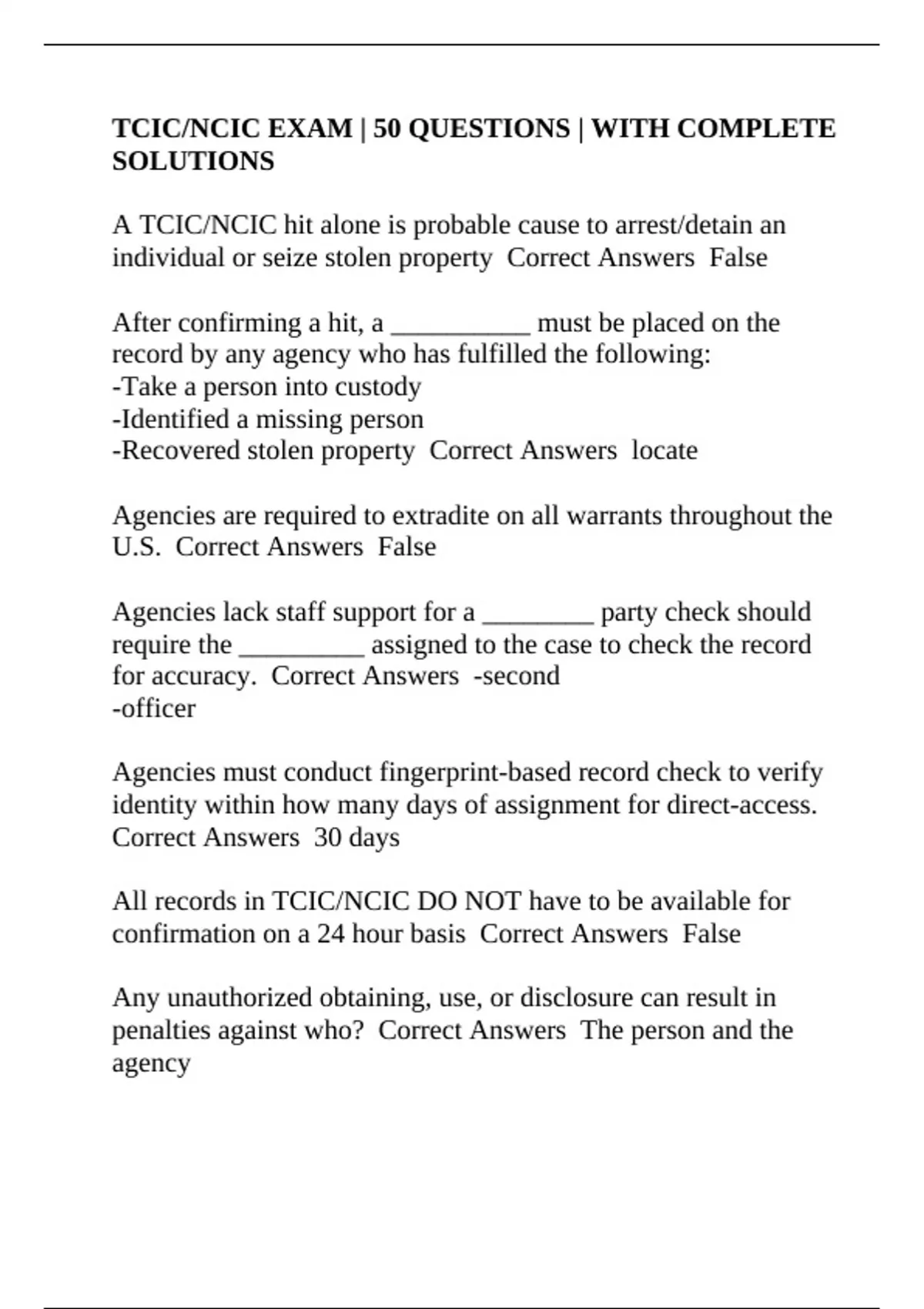 TCIC/NCIC EXAM | 50 QUESTIONS | WITH COMPLETE SOLUTIONS - TCIC/TLETS ...