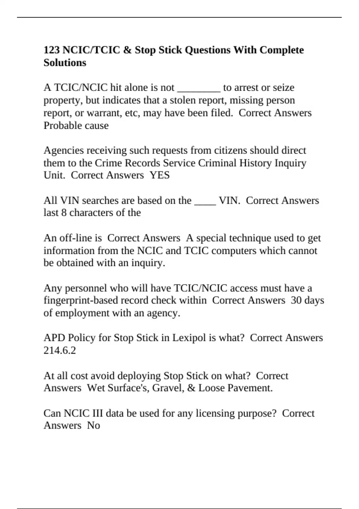123 NCIC/TCIC & Stop Stick Questions With Complete Solutions - Ncic ...