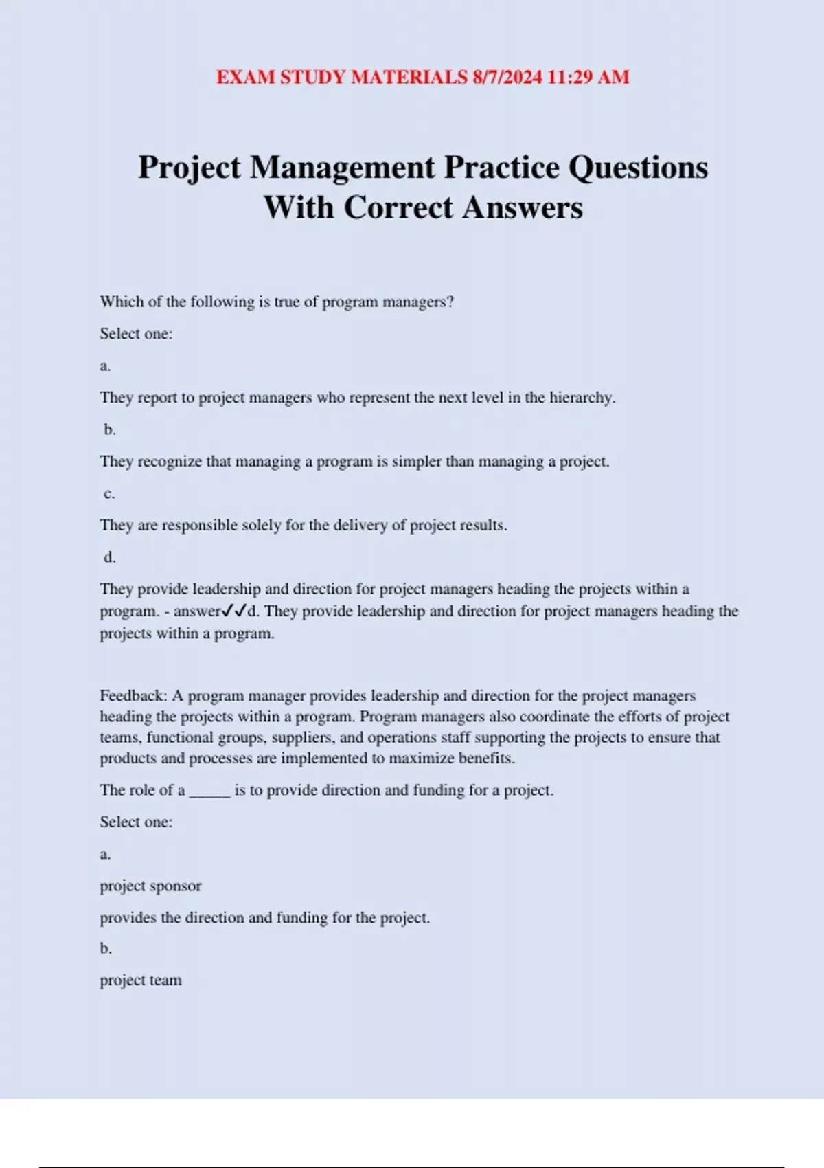 Project Management Practice Questions With Correct Answers - Project ...