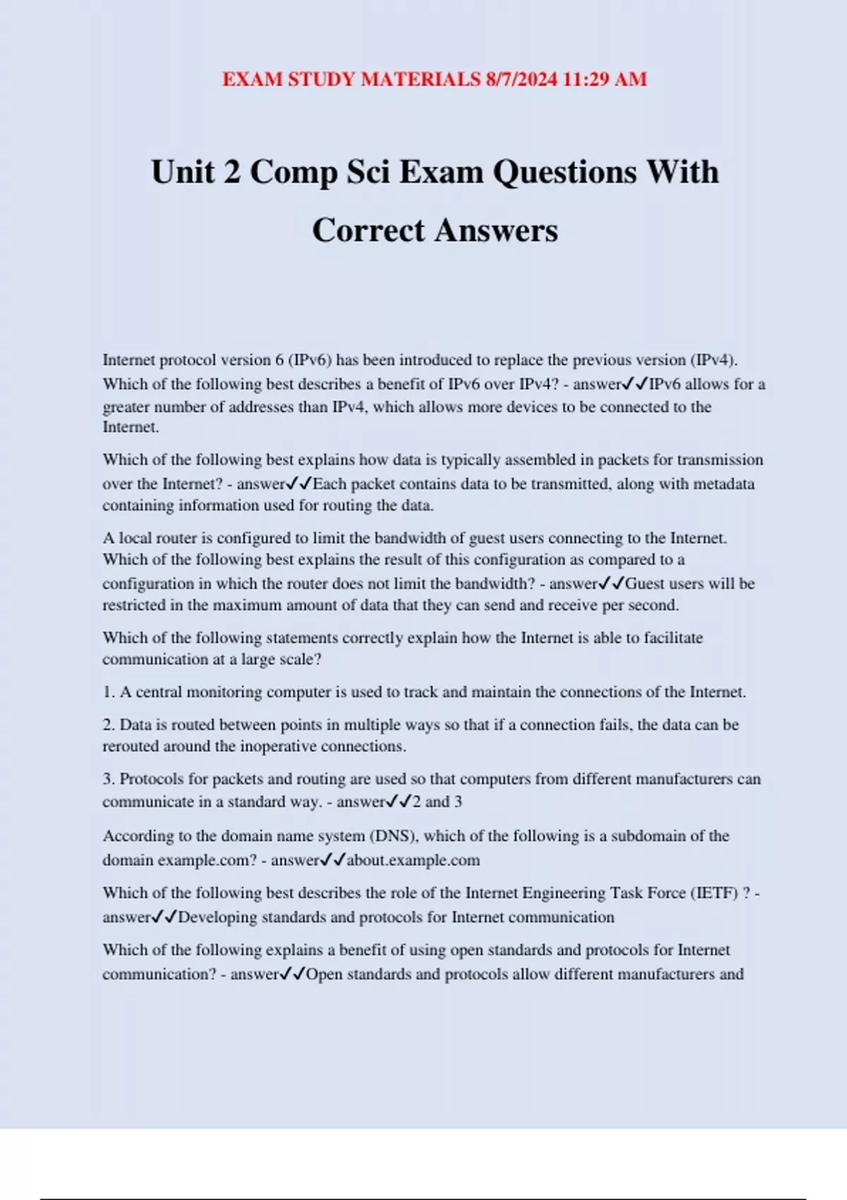 Unit 2 Comp Sci Exam Questions With Correct Answers - Comp Sci - Stuvia US