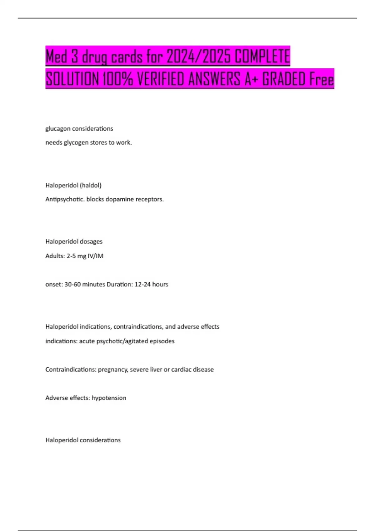 Med3 Complete Example Med 3 drug cards for 2024/2025 COMPLETE SOLUTION 100% VERIFIED ANSWERS ...
