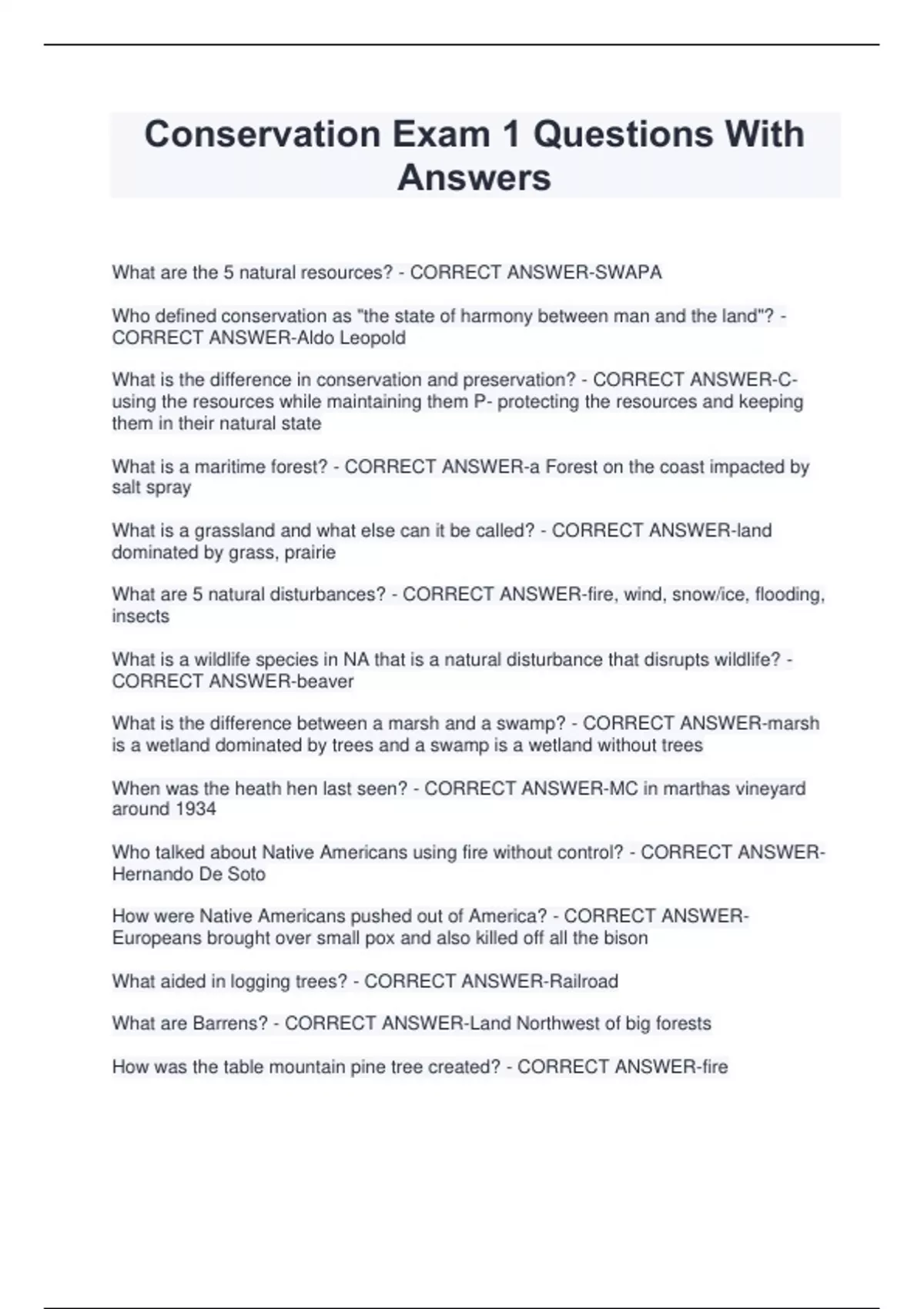 Conservation Exam 1 Questions With Answers - Con 017 - Stuvia US