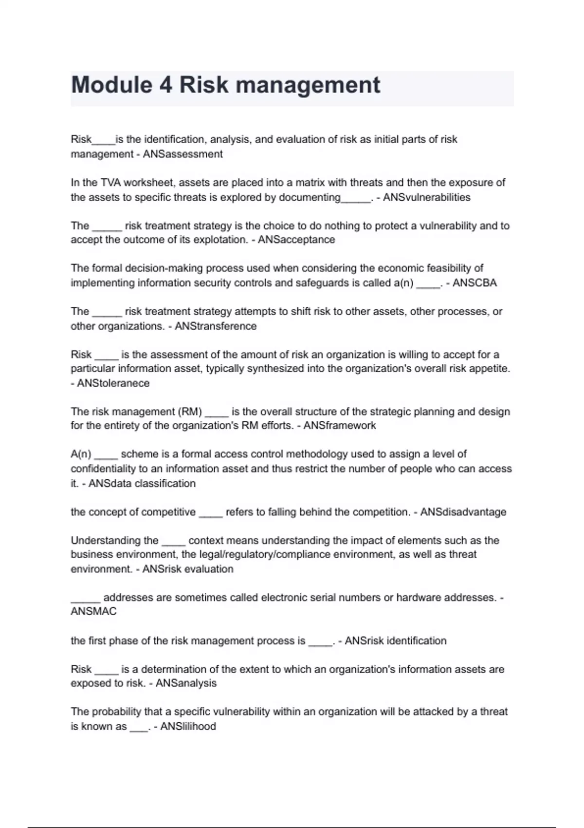 Module 4 Risk management questions with correct answers 2024/2025 ...