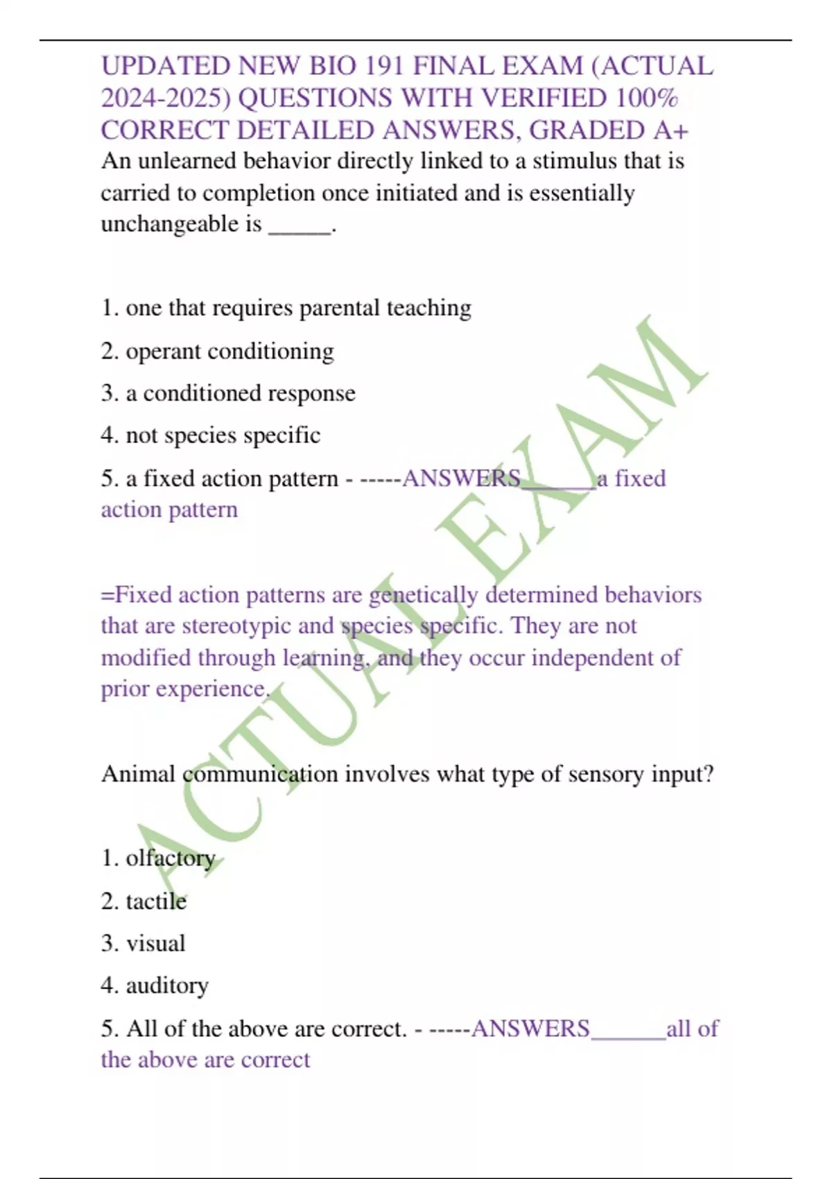 UPDATED NEW BIO 191 FINAL EXAM (ACTUAL ) QUESTIONS WITH VERIFIED 100% ...