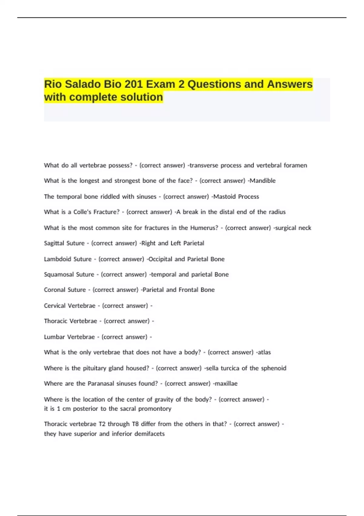 Rio Salado Bio 201 Exam 2 Questions and Answers with complete solution ...