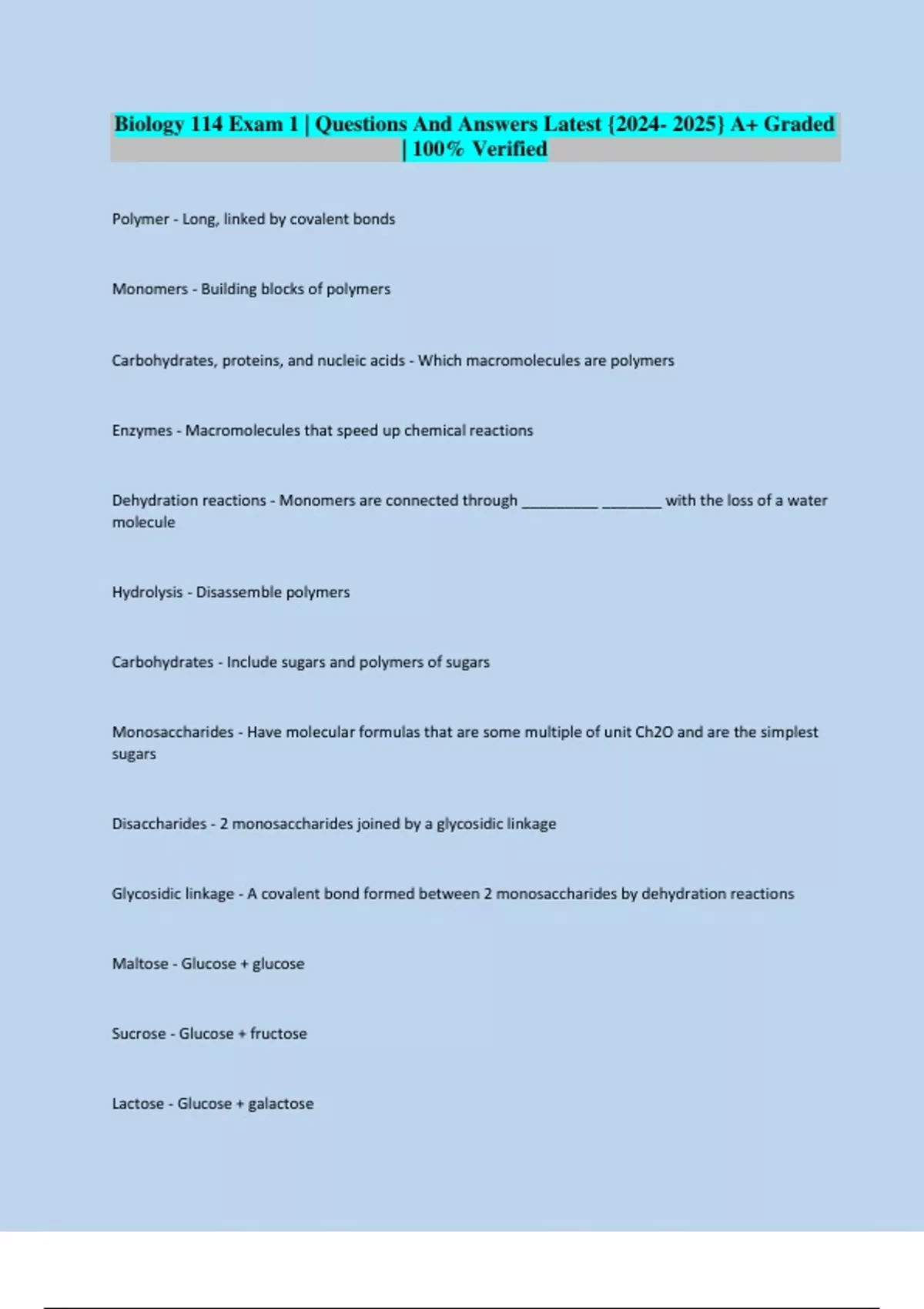 Biology 114 Exam 1 | Questions And Answers Latest {} A+ Graded | 100% ...
