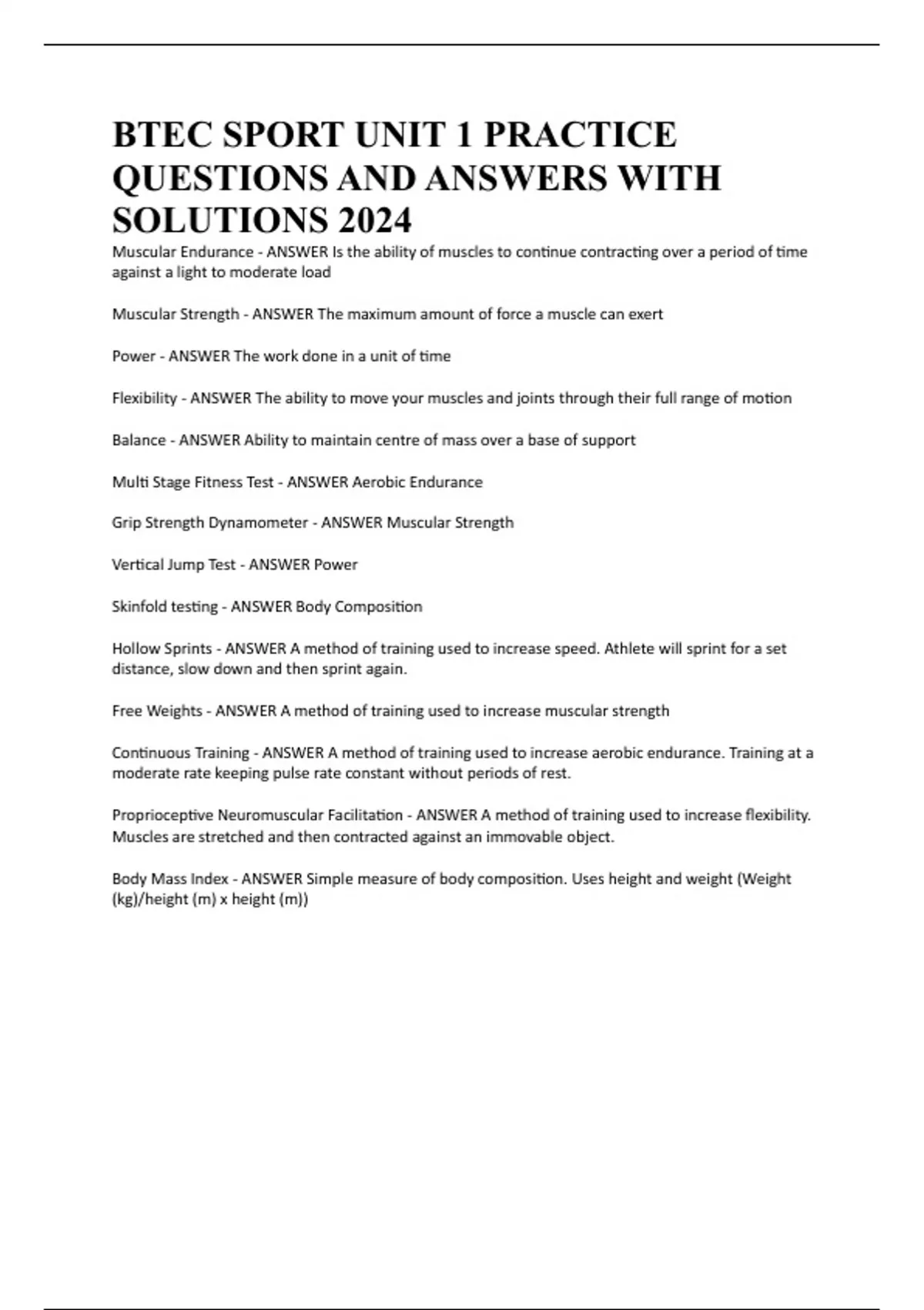 Training Methods Btec Question BTEC SPORT UNIT 1 PRACTICE QUESTIONS AND ANSWERS WITH SOLUTIONS 2024 ...