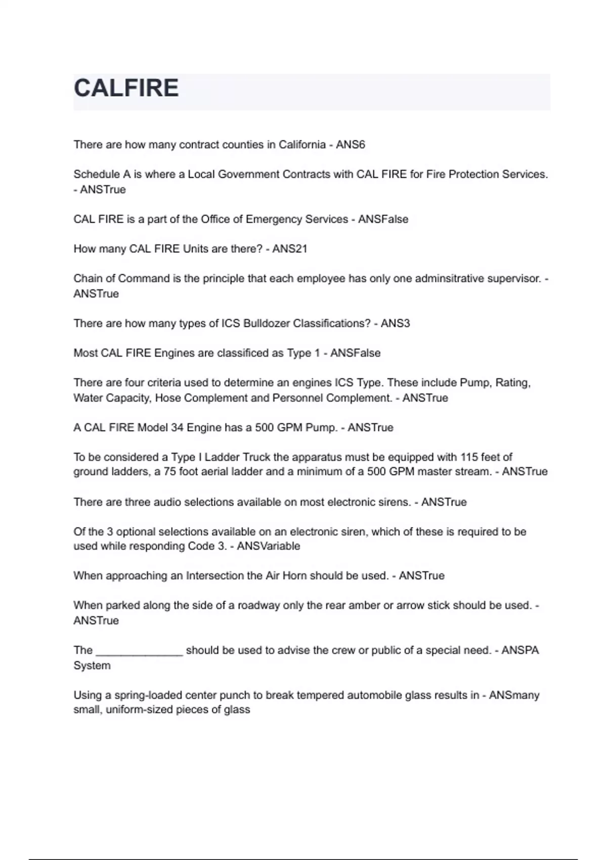 CALFIRE questions with correct answers 2024/2025 - Cal Fire Fire ...