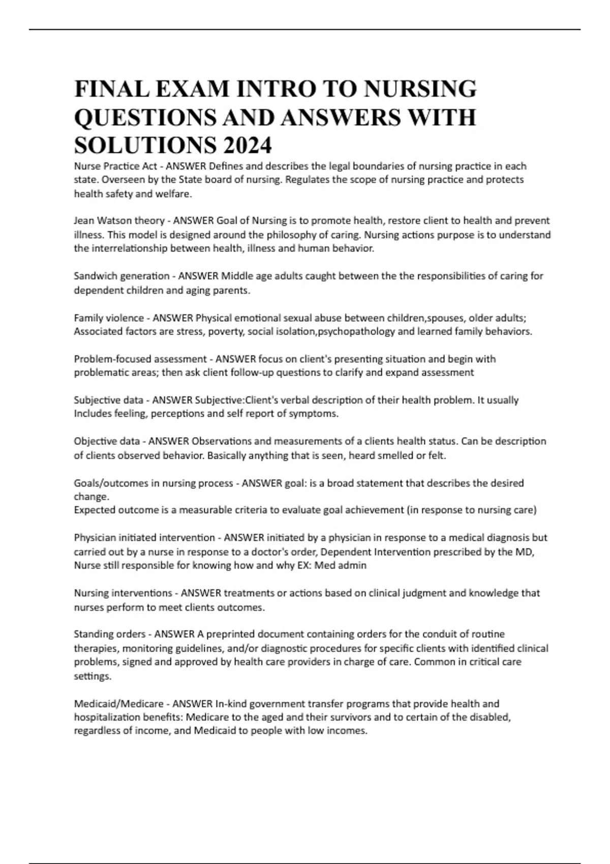 FINAL EXAM INTRO TO NURSING QUESTIONS AND ANSWERS WITH SOLUTIONS 2024 ...