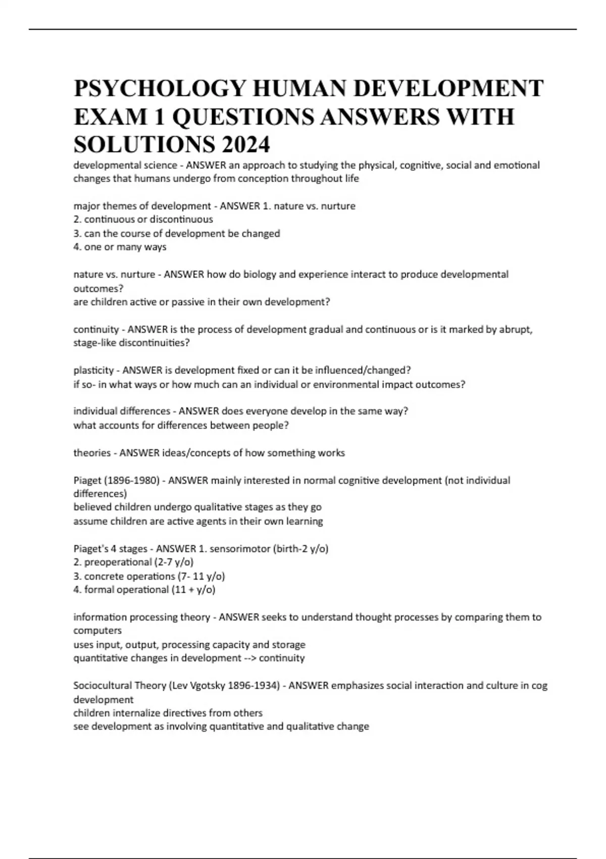 PSYCHOLOGY HUMAN DEVELOPMENT EXAM 1 QUESTIONS ANSWERS WITH SOLUTIONS ...