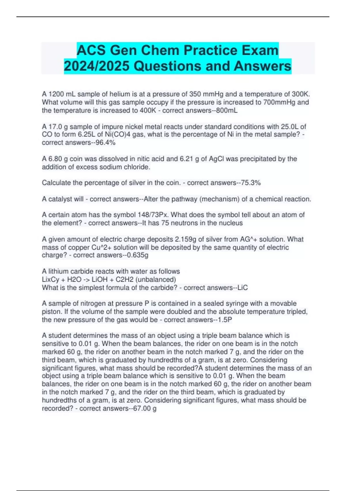 ACS Gen Chem Practice Exam 2024/2025 Questions and Answers - ACS Gen ...