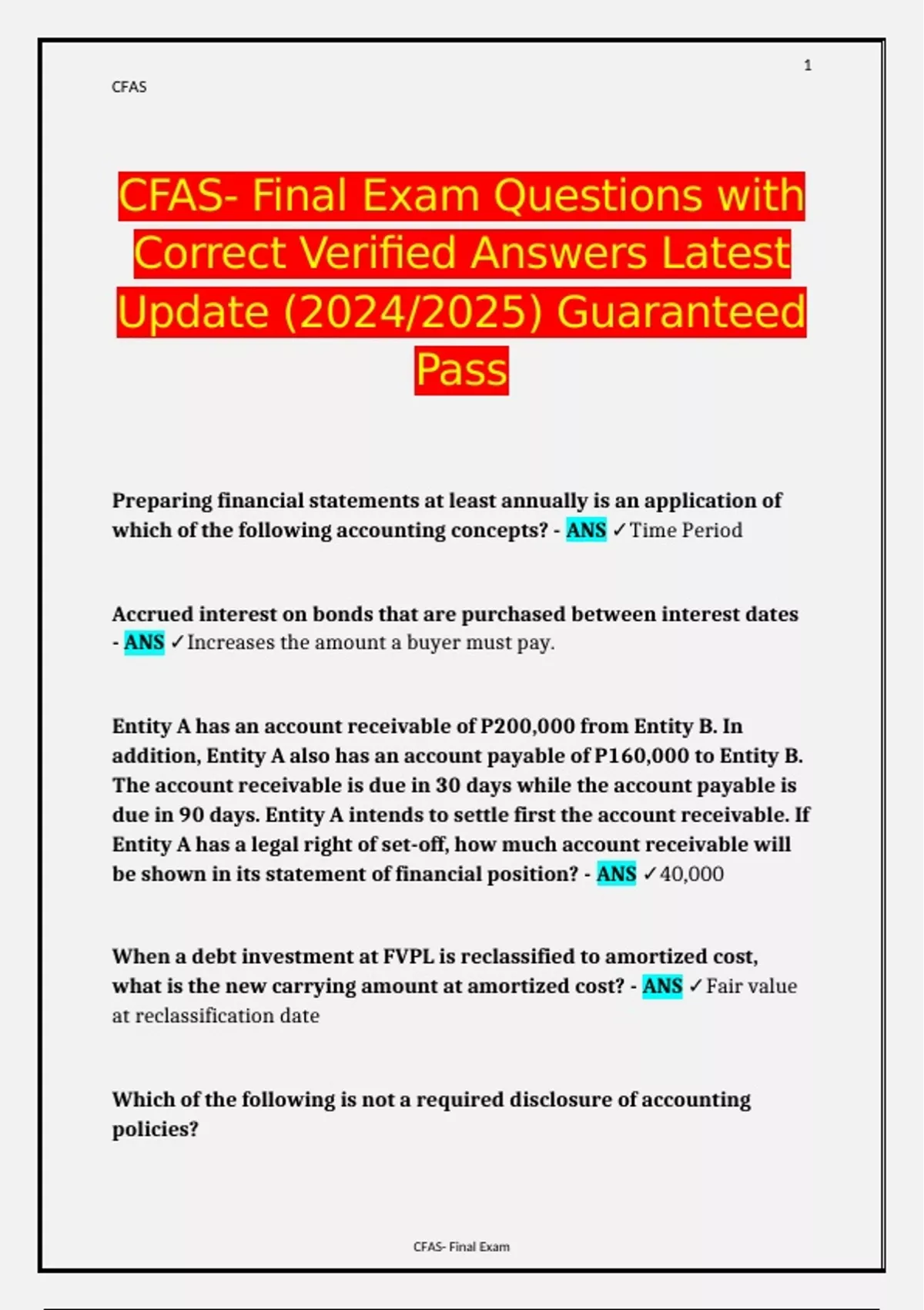 CFAS- Final Exam Questions with Correct Verified Answers Latest Update ...