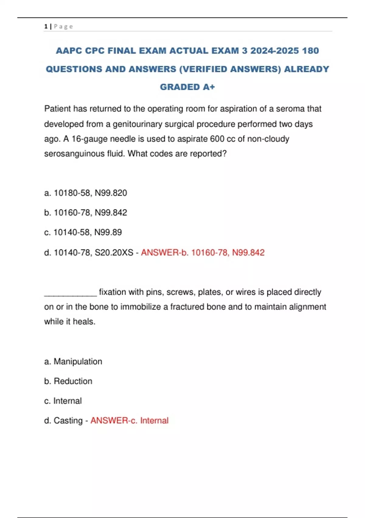 AAPC CPC FINAL EXAM ACTUAL EXAM QUESTIONS AND ANSWERS (VERIFIED ANSWERS ...