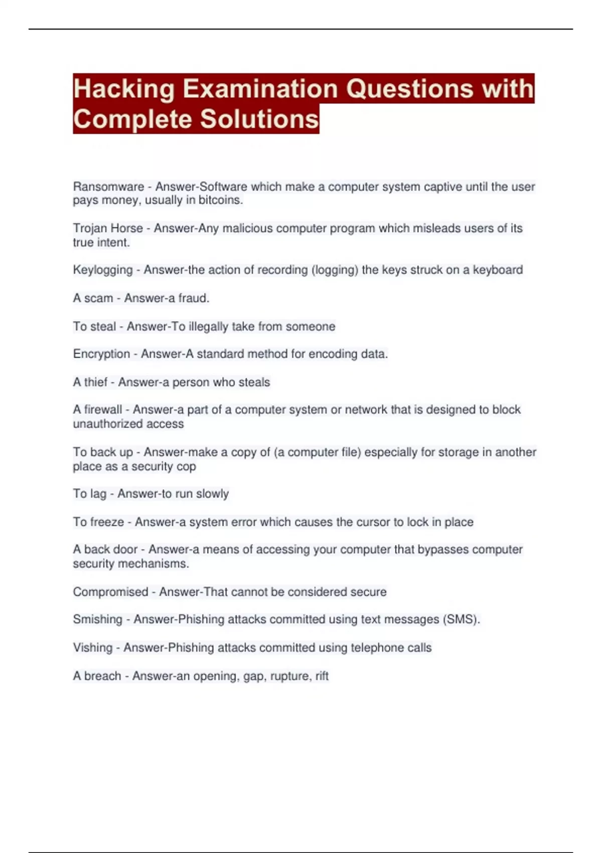 Hacking Examination Questions with Complete Solutions - Hacking - Stuvia US