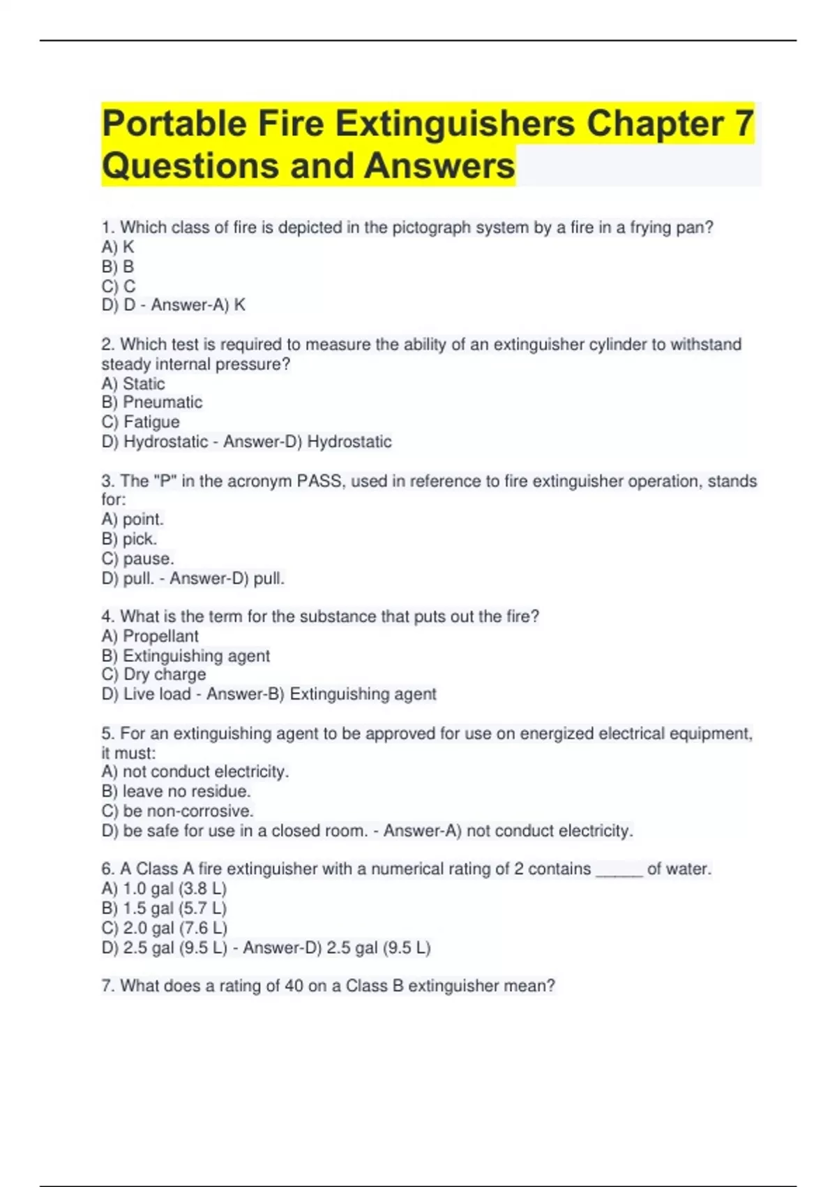Portable Fire Extinguishers Chapter 7 Questions and Answers - Portable ...