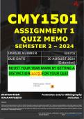 CMY1501 ASSIGNMENT 1 QUIZ MEMO - SEMESTER 2 - 2024 - UNISA - &lpar;UNIQUE NUMBER&colon; - 506702 &rpar; &lpar;DISTINCTION GUARANTEED&rpar; &ndash; DUE DATE &colon; 30 AUGUST 2024 &lpar;EXTENDED&rpar;