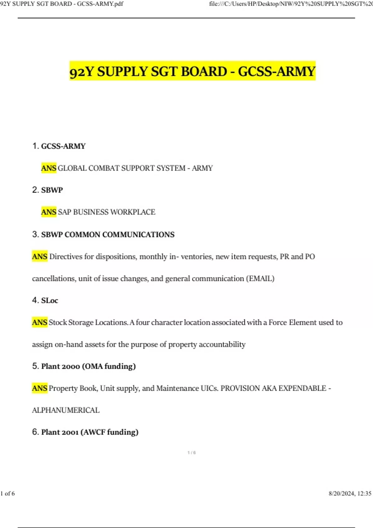 92Y SUPPLY SGT BOARD - GCSS-ARMY Exam (2024 / 2025) Actual Questions ...