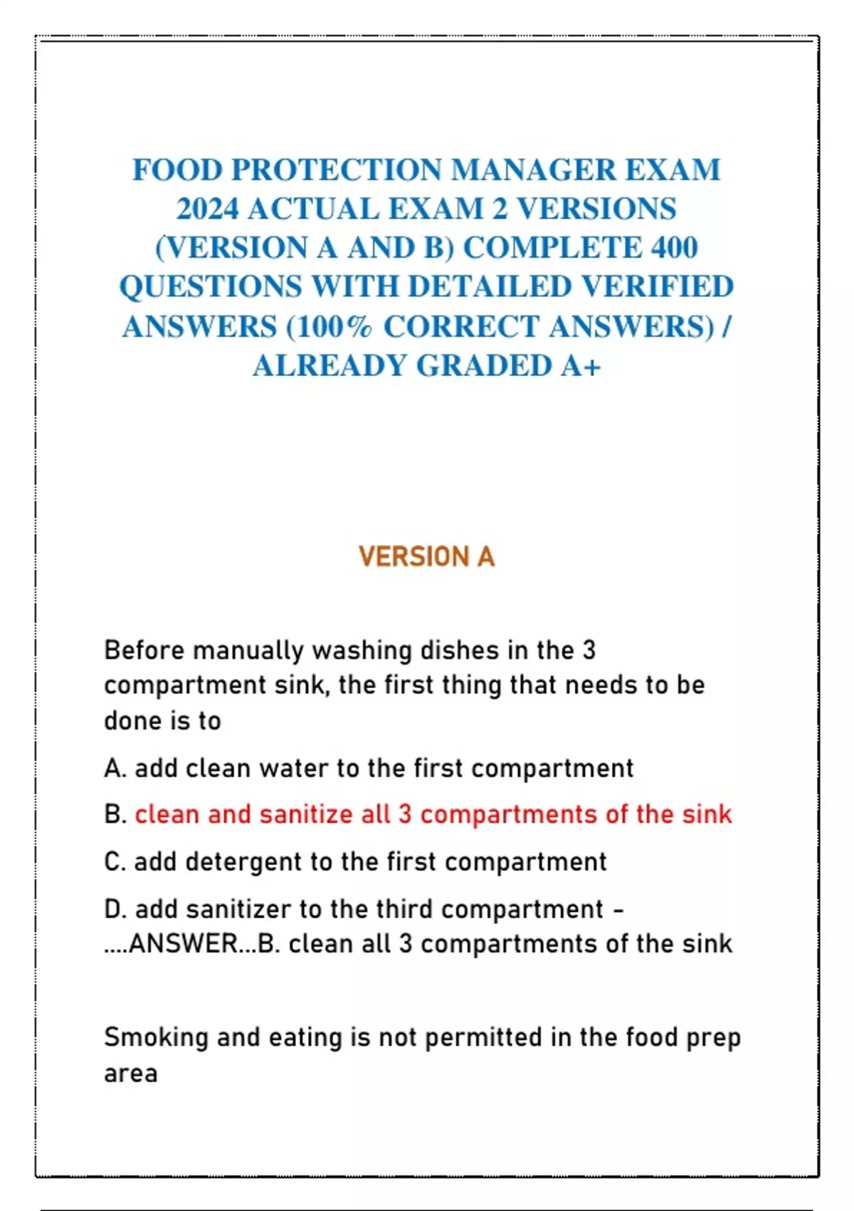 FOOD PROTECTION MANAGER EXAM 2024 ACTUAL EXAM 2 VERSIONS (VERSION A AND ...
