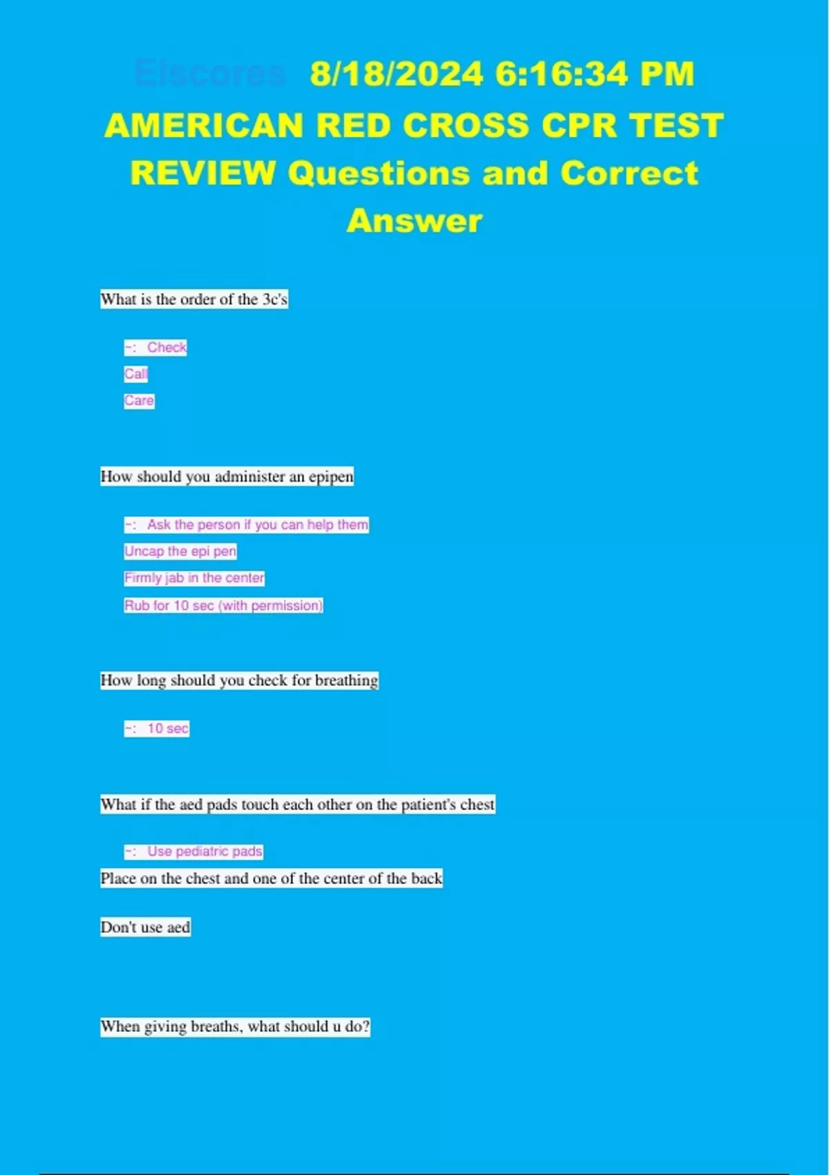 AMERICAN RED CROSS CPR TEST REVIEW Questions and Correct AnswerAMERICAN ...