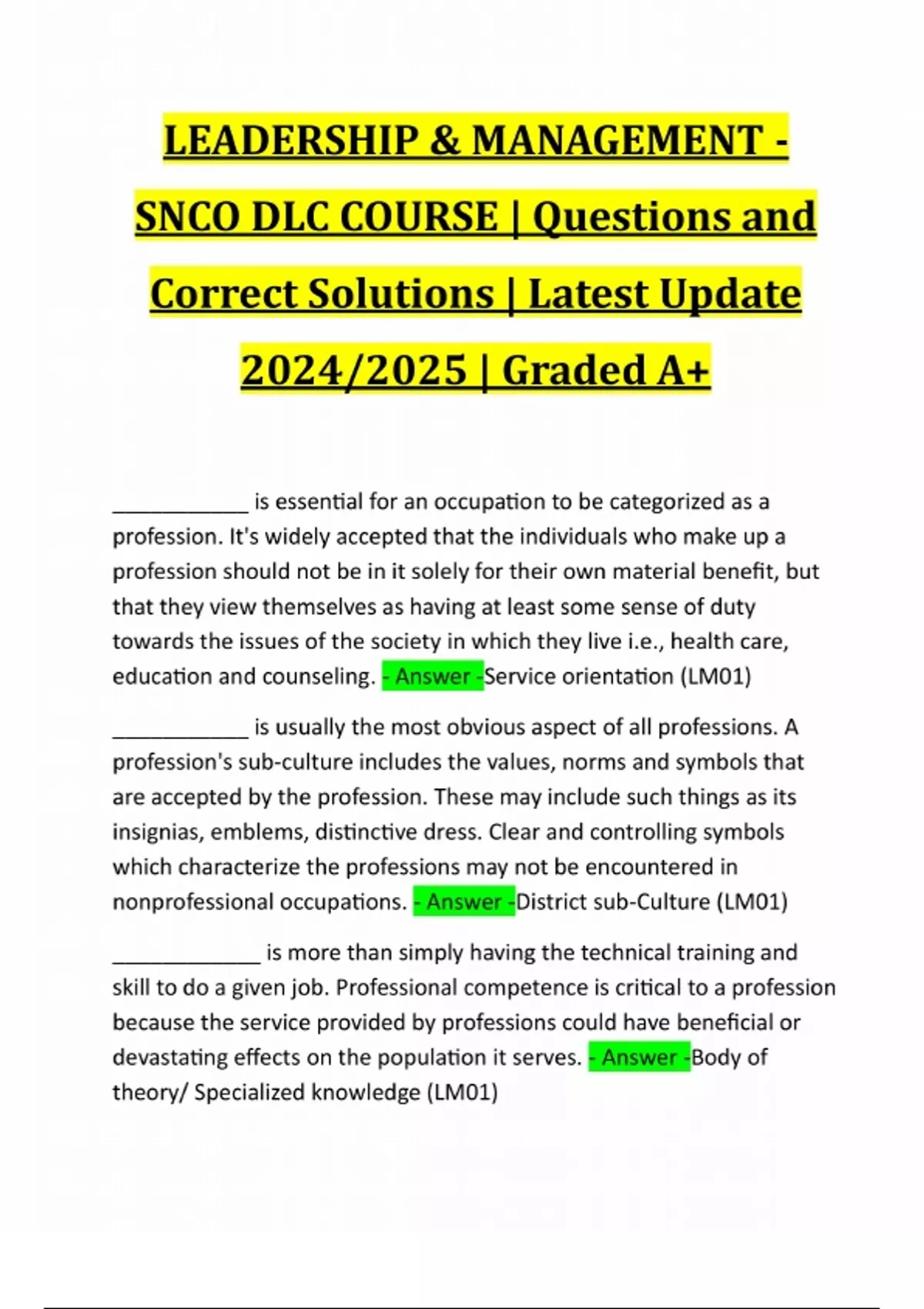 LEADERSHIP & MANAGEMENT - SNCO DLC COURSE | Questions and Correct ...