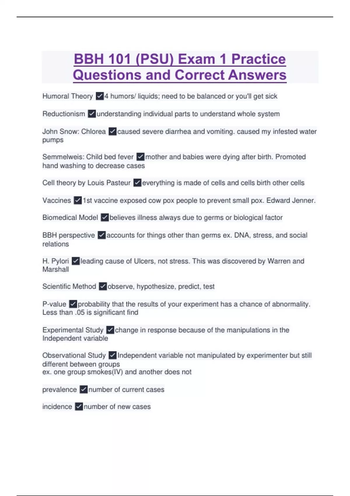 BBH 101 (PSU) Exam 1 Practice Questions and Correct Answers - BBH 101 ...