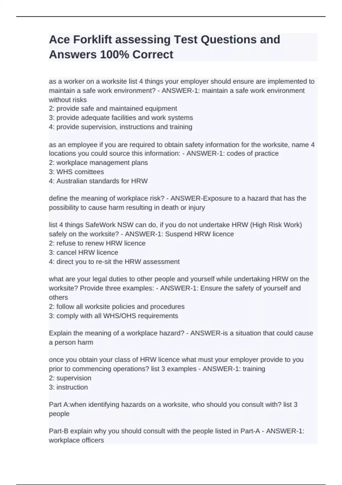 Ace Forklift assessing Test Questions and Answers 100% Correct - Ace Forklift - Stuvia US