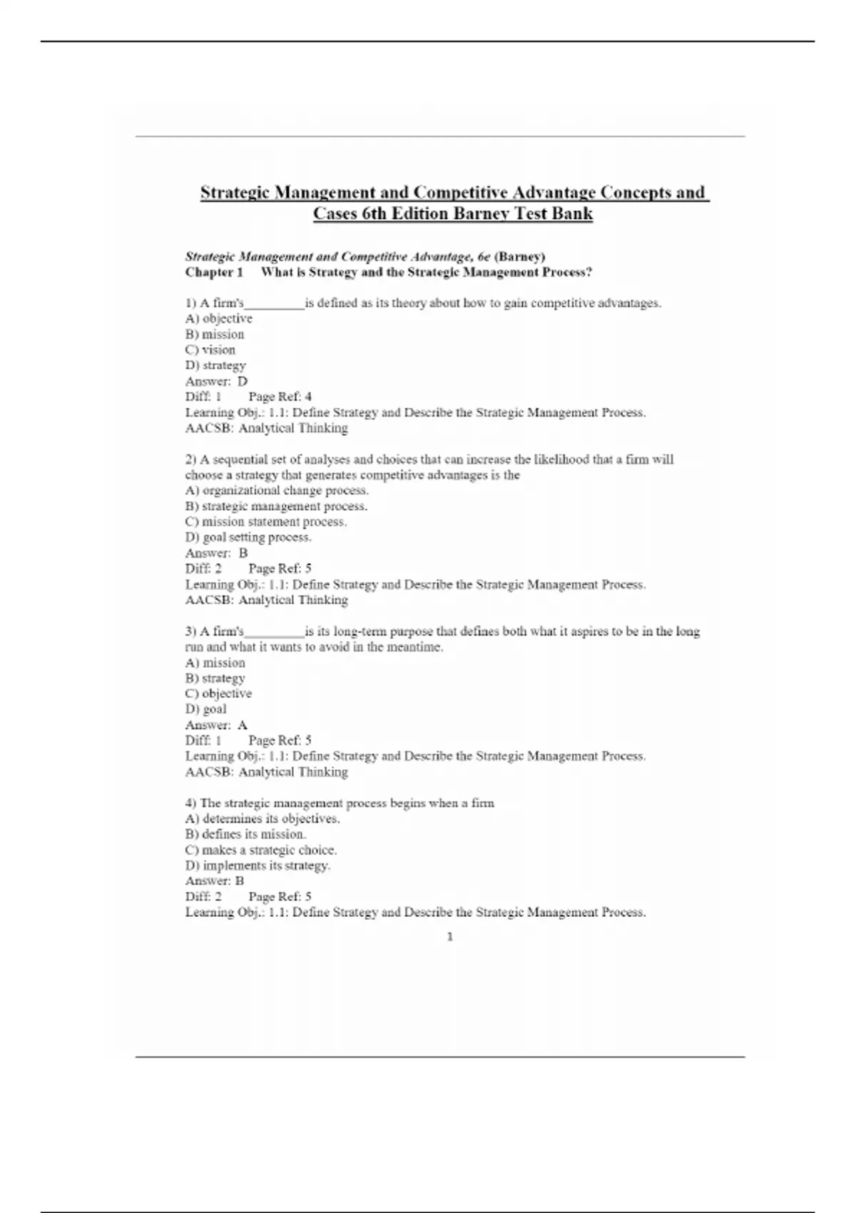 Test Bank for Strategic Management and Competitive Advantage Concepts ...
