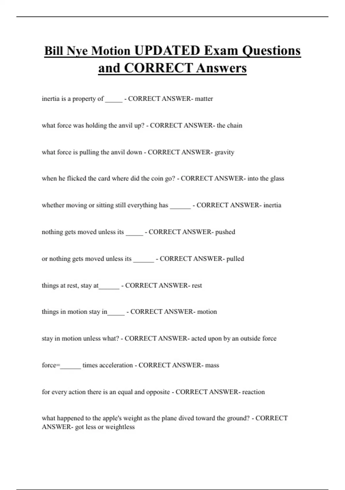 Bill Nye Motion UPDATED Exam Questions and CORRECT Answers - Bill Nye Motion  - Stuvia US, image size:1200x1700