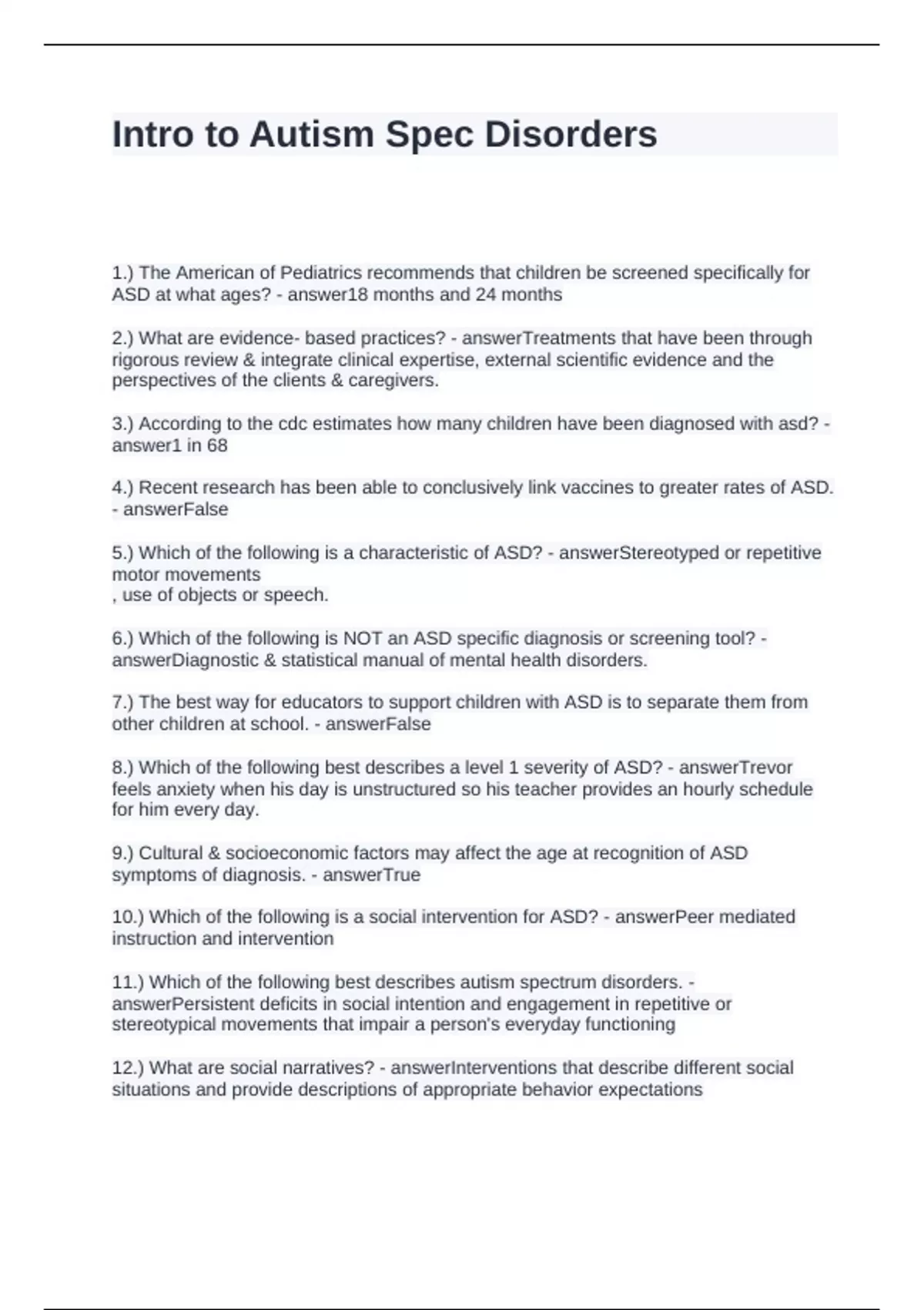 Intro To Autism Spec Disorders Questions And Answers Asd Stuvia Nl