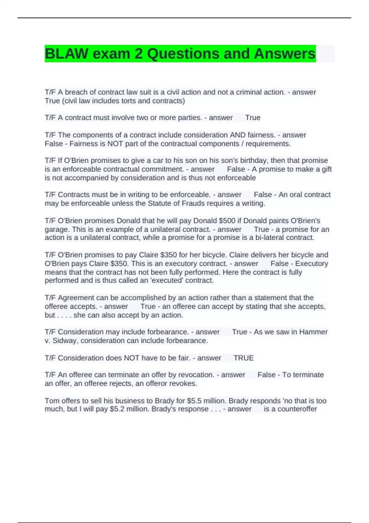BLAW exam 2 Questions and Answers - Blaw - Stuvia US